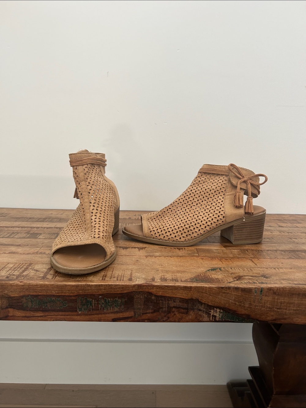 Justice Tan Perforated Peep-Toe Block Heel Mules